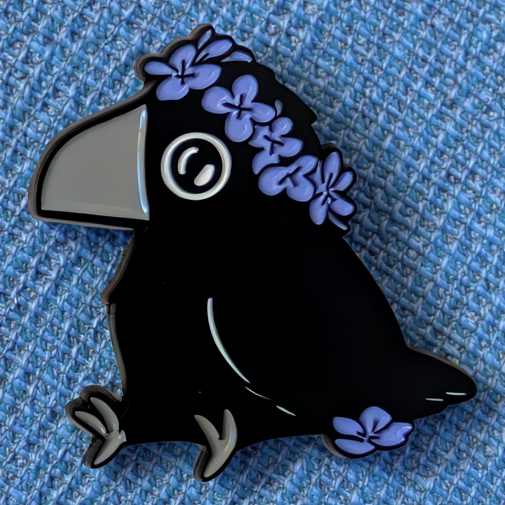 Black Bird Enamel Pin with Purple Flowers
